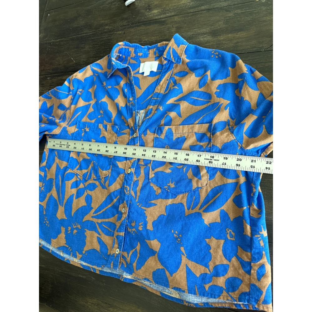 Every Linen Blend Tropical Print Button Up Short Sleeve Shirt Blue Brown Small - Picture 8 of 9